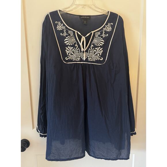 Lane Bryant Tops - Lane Bryant Embroidered Navy White Blouse Top Sz 22-24 Boho Hippie Coverup